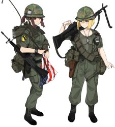 Rule 34 | 2girls, absurdres, american flag, ammunition pouch, assault rifle, backpack, bag, blonde hair, blue eyes, boots, bracelet, brown hair, camouflage, canteen, cross-laced footwear, dog tags, fte (fifteen 199), gun, handgun, highres, jacket, jewelry, lace-up boots, looking at viewer, m16, m16a1, m60, multiple girls, open clothes, open jacket, original, over shoulder, pants, pants tucked in, pouch, radio, radio antenna, red eyes, rifle, smoke grenade, soldier, uniform, united states army, watch, weapon, weapon over shoulder, white background