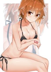 Rule 34 | 1girl, bare arms, bare shoulders, bikini, black bikini, black ribbon, blurry, blurry background, breast hold, breasts, cleavage, closed mouth, collarbone, command spell, commentary request, fate/grand order, fate (series), feet out of frame, fujimaru ritsuka (female), halterneck, highres, large breasts, leaning forward, looking at viewer, medium hair, navel, orange eyes, orange hair, ribbon, shuutou haruka, side-tie bikini bottom, side ponytail, sitting, smile, solo, string bikini, swimsuit, thighs