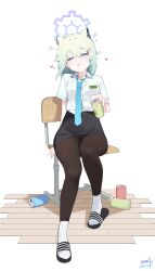 Rule 34 | 1girl, absurdres, alternate costume, animal ears, aqua necktie, black pantyhose, black skirt, blue archive, blush, can, chair, commentary, drink can, extra ears, full body, green hair, halo, heart, highres, holding, holding can, looking at viewer, miniskirt, mona kkkk, necktie, pantyhose, school chair, school uniform, shigure (blue archive), shirt, short sleeves, signature, sitting, skirt, slippers, smile, socks, solo, squeans, tongue, tongue out, weasel ears, white shirt, white socks, wooden floor