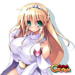 Rule 34 | 1girl, anniversary, bad id, bad pixiv id, blonde hair, blush, braid, breasts, closed mouth, collarbone, copyright name, coryoon, gloves, green eyes, hairband, half updo, large breasts, long hair, looking at viewer, princess (coryoon), scatter milk, simple background, smile, solo, upper body, white background, white gloves