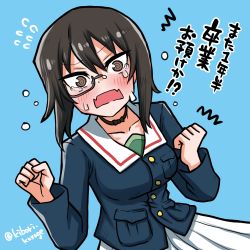 Rule 34 | 1girl, @ @, absurdres, black hair, blouse, blue background, blush, breasts, brown eyes, clenched hand, collar, collarbone, commentary, crying, crying with eyes open, fang, frown, girls und panzer, green shirt, highres, kawashima momo, kikurage (kibori kurage), long sleeves, medium breasts, monocle, ooarai military uniform, open mouth, panicking, pleated skirt, pocket, ribbon, sailor collar, semi-rimless eyewear, shirt, short hair, simple background, skin fang, skirt, solo, standing, sweatdrop, tears, white skirt