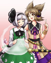 Rule 34 | 2girls, ;d, ^ ^, bob cut, bow, bracelet, breasts, brown eyes, brown hair, brown shirt, closed eyes, collarbone, earmuffs, eyebrows, flower, frilled skirt, frills, gradient background, green skirt, green vest, hairband, jewelry, konpaku youmu, konpaku youmu (ghost), long sleeves, looking at another, mazume, multiple girls, one eye closed, open mouth, pink background, pointing, pointing up, purple skirt, scabbard, sheath, shirt, short hair, silver hair, skirt, sleeveless, small breasts, smile, touhou, toyosatomimi no miko, vest, white shirt