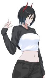 Rule 34 | alternate costume, arm behind back, azur lane, black hair, black pants, breasts, casual, cowboy shot, cropped sweater, gradient hair, groin, hair between eyes, hair over one eye, hand up, highres, horns, jakqbigone, looking at viewer, medium breasts, medium hair, midriff, multicolored hair, navel, navel piercing, open mouth, pants, piercing, simple background, slit pupils, two-tone hair, two-tone sweater, ulrich von hutten (azur lane), white background, white hair, yellow eyes