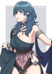Rule 34 | 1girl, armlet, armor, asymmetrical clothes, bare arms, bare shoulders, blue eyes, blue hair, bracelet, breasts, byleth (female) (fire emblem), byleth (fire emblem), collar, commentary request, dancer, dancer (fire emblem: three houses), dress, fire emblem, fire emblem: three houses, hair between eyes, highres, jewelry, large breasts, long hair, looking away, necklace, nintendo, official alternate costume, open mouth, parted lips, pelvic curtain, revealing clothes, shawl, shoulder armor, sideboob, simple background, single-shoulder dress, solo, thighs, twitter username, ushiomi