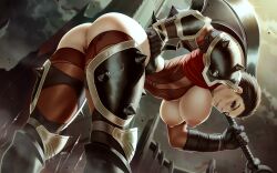 Rule 34 | 1girl, armor, ass, axe, bent over, bottomless, breasts, breasts out, brown hair, cleft of venus, commentary, darius (league of legends), elbow gloves, english commentary, feet out of frame, female pubic hair, gauntlets, genderswap, genderswap (mtf), gloves, hanging breasts, holding, holding weapon, large breasts, league of legends, light smile, lips, looking at viewer, md5 mismatch, mole, mole above mouth, nipples, nose, pauldrons, pubic hair, pussy, red eyes, red thighhighs, sash, short hair, shoulder armor, solo, themaestronoob, thick thighs, thigh armor, thighhighs, thighs, uncensored, underbust, very short hair, weapon