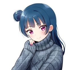 Rule 34 | 1girl, adjusting collar, blue hair, blue sweater, blush, clenched hand, deadnooodles, hair bun, highres, long hair, long sleeves, looking at viewer, love live!, love live! sunshine!!, nail polish, purple eyes, purple nails, side bun, simple background, single side bun, sleeves past wrists, smile, solo, sweater, tsushima yoshiko, turtleneck, turtleneck sweater, upper body, white background