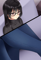 Rule 34 | 1girl, absurdres, black-framed eyewear, black hair, black sweater, blush, couch, denim, feet out of frame, glasses, highres, huyumitsu, indoors, jeans, knees up, long hair, on couch, open mouth, original, pants, photoshop (medium), red eyes, ribbed sweater, sitting, straight hair, sweater, textless version, turtleneck, turtleneck sweater