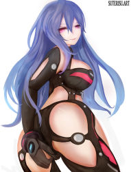 Rule 34 | 1girl, adjusting clothes, ass, breasts, curvy, elbow gloves, gloves, hair between eyes, hip focus, iris heart, kami jigen game neptune v, large breasts, long hair, looking at viewer, looking back, neptune (series), pink eyes, purple hair, simple background, smile, solo, suterisu, thighs, white background