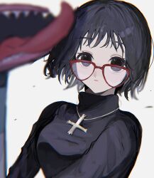 Rule 34 | 1girl, black hair, black sweater, cross, cross necklace, expressionless, glasses, highres, hunter x hunter, inverted cross, jewelry, long sleeves, looking at viewer, necklace, red-framed eyewear, shizuku murasaki, short hair, simple background, solo, sweater, vacuum cleaner, white background, ziyuuuuuuda