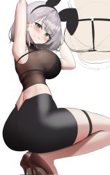 Rule 34 | 1girl, animal ears, armpits, ass, black hairband, braid, breasts, chest harness, fake animal ears, french braid, green eyes, grey hair, hair behind ear, hairband, harness, high heels, highres, hololive, kuse (0201), large breasts, partially unzipped, pout, rabbit ears, see-through, see-through shirt, shirogane noel, sideboob, simple background, squatting, thigh strap, unfinished, virtual youtuber, white background