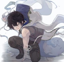 Rule 34 | 1boy, ayer, bandages, bandage on face, black hair, blue eyes, clenched hand, earrings, granblue fantasy, highres, hood, jewelry, male focus, rozu ki, simple background, solo, squatting, tail, white background