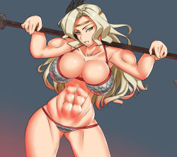 Rule 34 | 1girl, abs, amazon (dragon&#039;s crown), armor, artist name, axe, bikini armor, blaccura, blonde hair, breasts, circlet, dragon&#039;s crown, feathers, green eyes, huge breasts, long hair, muscular, simple background, weapon