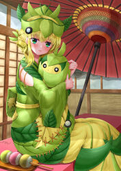 Rule 34 | 1girl, absurdres, blonde hair, blush, creature and personification, creatures (company), dango, day, food, game freak, gen 5 pokemon, green eyes, green hat, hat, highres, indoors, leaf, looking at viewer, nintendo, oil-paper umbrella, personification, pokedex number, pokemon, pokemon (creature), red umbrella, sitting, swadloon, umbrella, wagashi, wide sleeves, yellow-star-light