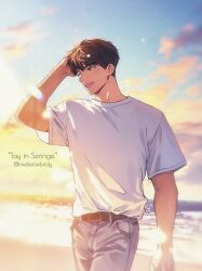 Rule 34 | 1boy, beach, belt, blue pants, brown eyes, brown hair, cloud, cowboy shot, denim, english text, gradient sky, hand in own hair, highres, horizon, jeans, jeong taeui, light blush, male focus, mistletoebirdy, ocean, official style, one eye closed, open mouth, pants, passion (manhwa), shirt, short sleeves, sky, smile, solo, white shirt