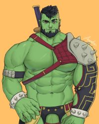 Rule 34 | 1boy, abs, armor, asymmetrical sleeves, bara, bare pectorals, beard, black pants, borrowed character, chest harness, colored skin, cowboy shot, crotchless, crotchless pants, earrings, eyebrow cut, facial hair, fangs, flaccid, green skin, harness, helbai, highres, holding, holding sword, holding weapon, jewelry, krain, large pectorals, looking at viewer, male focus, mature male, monster boy, muscular, muscular male, mustache, navel, nipples, nose piercing, nose ring, orc, original, pants, pauldrons, pectorals, penis, penis peek, penis sheath, piercing, pointy ears, red eyes, revealing clothes, short hair, shoulder armor, single bare shoulder, solo, stomach, sword, thick eyebrows, undercut, veins, veiny penis, weapon