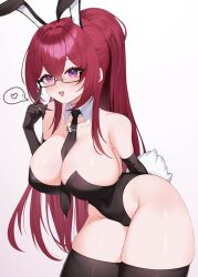 1girl animal_ears bare_shoulders between_breasts black_gloves black_leotard black_necktie black_thighhighs breasts collar collarbone detached_collar elbow_gloves elora_(vtuber) glasses gloves heart highres indie_virtual_youtuber large_breasts leotard long_hair necktie necktie_between_breasts playboy_bunny purple_eyes rabbit_ears red_hair sakotach second-party_source solo spoken_heart thighhighs thighs virtual_youtuber white_collar