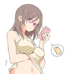 Rule 34 | 1girl, artist request, bare shoulders, breasts, brown hair, cellphone, commentary request, hand under clothes, joshikousei no mudazukai, kikuchi akane, large breasts, long hair, navel, phone, pink-framed eyewear, solo, tank top, white background