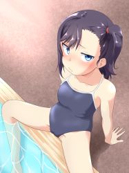 Rule 34 | absurdres, arm support, asymmetrical bangs, asymmetrical hair, bare arms, bare legs, black hair, blue eyes, blush, breasts, collarbone, from above, highres, looking up, medium breasts, medium hair, miyauchi hikage, myauchuchu, non non biyori, one side up, partially submerged, pool, school swimsuit, sitting, spread legs, swimsuit, water