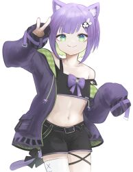Rule 34 | 1girl, aiv, animal ear fluff, animal ears, black shirt, black shorts, cat ears, cat girl, cat tail, colored inner hair, commission, crop top, cropped shirt, fang, fang out, green eyes, green hair, highres, hood, hooded jacket, indie virtual youtuber, jacket, long sleeves, looking at viewer, multicolored hair, off shoulder, open clothes, open jacket, purple hair, purple jacket, second-party source, shirt, short hair, shorts, shwaa, single thighhigh, skeb commission, sleeves past fingers, sleeves past wrists, smile, tail, thighhighs, v, virtual youtuber, white thighhighs