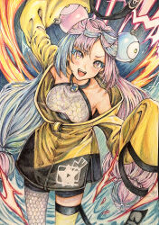 Rule 34 | 1girl, :d, absurdres, breasts, colored eyelashes, colored pencil (medium), commentary request, creatures (company), game freak, highres, iono (pokemon), jacket, long hair, looking at viewer, medium breasts, multicolored hair, nintendo, open mouth, pantyhose, pink hair, pokemon, pokemon sv, sharp teeth, shirt, sleeveless, sleeveless shirt, sleeves past fingers, sleeves past wrists, smile, star (symbol), star print, teeth, thigh strap, tofumental1024, traditional media, twintails, two-tone hair, upper teeth only, yellow jacket