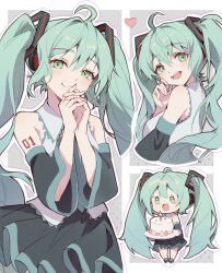 Rule 34 | 1girl, absurdres, ahoge, aqua eyes, aqua hair, bare shoulders, blush, cake, chibi, closed mouth, cloudyman, commentary, cropped torso, detached sleeves, food, green skirt, hatsune miku, heart, highres, long hair, looking at viewer, looking back, multiple views, number tattoo, open mouth, own hands together, shirt, skirt, sleeveless, sleeveless shirt, smile, tattoo, tongue, twintails, very long hair, vocaloid, white shirt