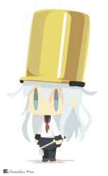 Rule 34 | 1girl, bad id, bad twitter id, chameleon man (three), chibi, commentary, flat color, hibiki (kancolle), kantai collection, ladle, long hair, neckerchief, no lineart, no mouth, parody, pleated skirt, pot on head, school uniform, serafuku, silver hair, simple background, skirt, solo, standing, very long hair, white background