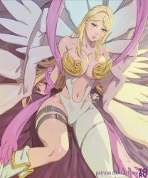 Rule 34 | 1girl, angewomon, arm support, artist name, arttoru, bare shoulders, blonde hair, blue eyes, boots, breasts, cameltoe, cleavage, closed mouth, clothing cutout, commentary, digimon, digimon (creature), gloves, highres, knee boots, large breasts, leotard, lips, long hair, looking at viewer, multiple wings, navel, navel cutout, shiny skin, signature, simple background, single glove, skin tight, smile, solo, stomach, thigh strap, thighs, unmasked, watermark, white footwear, wings