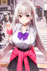 Rule 34 | 1girl, blush, bow, bowtie, breasts, brown eyes, car, choker, clothes around waist, ear piercing, earrings, grey hair, hair between eyes, hair ornament, hairclip, highres, jewelry, large breasts, looking at viewer, motor vehicle, nail polish, original, outdoors, people, piercing, pink nails, rangu, school uniform, shirt tucked in, smile, standing, wristband