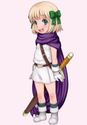 Rule 34 | 1girl, belt, blonde hair, blue eyes, boots, bow, cape, child, dragon quest, dragon quest v, e10, female focus, gloves, hair bow, hero&#039;s daughter (dq5), looking at viewer, open mouth, short hair, smile, solo, square enix, standing, sword, tunic, weapon