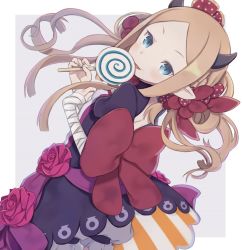 Rule 34 | 1girl, abigail williams (fate), bad id, bad twitter id, bandaged arm, bandaged hand, bandages, black dress, blue eyes, bow, candy, commentary request, demon horns, dress, dutch angle, fate/grand order, fate (series), flower, food, forehead, grey background, hair bow, holding, holding candy, holding food, holding lollipop, horns, light brown hair, lollipop, long hair, parted bangs, parted lips, pointy ears, puffy short sleeves, puffy sleeves, red bow, red flower, red rose, rose, short sleeves, solo, swirl lollipop, tongue, tongue out, totatokeke, two-tone background, very long hair, white background