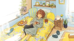Rule 34 | 1girl, bed, black cat, book, brown hair, cat, clock, closed eyes, cup, curtains, day, drawer, flip-flops, food, glasses, holding, holding book, indoors, long sleeves, lying, matsumine (twin-mix), notebook, official art, picture frame, plant, plate, potted plant, sandals, short hair, smile, socks, solo, stuffed animal, stuffed fish, stuffed toy, sweater, window