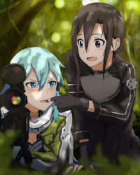 Rule 34 | 10s, 1boy, 1girl, androgynous, anger vein, angry, anti-materiel rifle, aqua eyes, aqua hair, armor, black hair, blush, bolt action, breastplate, finger in another&#039;s mouth, fingerless gloves, gloves, gun, hair ornament, hairclip, highres, kirito, kirito (sao-ggo), leaf, long hair, looking at another, mouth pull, open mouth, pgm hecate ii, purple eyes, rifle, scope, short hair, sinon, sniper rifle, sword art online, teeth, tree, veins, weapon, yachimoto