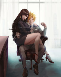 Rule 34 | 1boy, 1girl, black hair, blonde hair, blue eyes, breasts, chair, cloud strife, couple, earrings, final fantasy, final fantasy vii, final fantasy vii remake, formal, full body, high heels, highres, jewelry, large breasts, legs, lips, long hair, looking at viewer, office, office chair, office lady, pencil skirt, red eyes, ring, salaryman, sitting, sitting on lap, sitting on person, skirt, spiked hair, spykeee, square enix, suit, swivel chair, tifa lockhart, twitter username