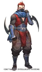 Rule 34 | 1boy, company name, fire emblem, fire emblem fates, fire emblem heroes, full body, gloves, lack, male focus, mask, nintendo, official art, one eye closed, red eyes, red hair, saizo (fire emblem), sandals, scar, scarf, simple background, solo, standing, white background