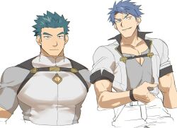 Rule 34 | 2boys, bara, chest belt, cleavage cutout, clothing cutout, cropped torso, green hair, half-closed eyes, highres, large pectorals, long sideburns, male focus, multiple boys, muscular, muscular male, original, pectoral cleavage, pectorals, sagami jon, short hair, sideburns, smirk, spiked hair, staring, thick eyebrows