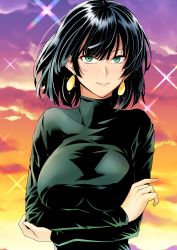 Rule 34 | 1girl, arms under breasts, black hair, breasts, collarbone, covered collarbone, dress, earrings, fubuki (one-punch man), green eyes, haruhisky, highres, jewelry, large breasts, one-punch man, outdoors, short hair, smile, solo, sparkle, turtleneck, turtleneck dress, wind