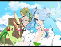 Rule 34 | 2girls, antennae, bird, blue eyes, blue hair, blue skin, blue sky, claws, closed eyes, closed mouth, cloud, colored skin, commentary request, creatures (company), double bun, fang, fluffy, flygon, flying miku (project voltage), game freak, gen 3 pokemon, green hair, green skin, grey cloak, ground miku (project voltage), hair bun, hatsune miku, highres, holding, holding map, long hair, map, multiple girls, nintendo, open mouth, outdoors, p 0 a, pokemon, pokemon (creature), project voltage, sky, smile, standing, swablu, translation request, twintails, vocaloid, wings