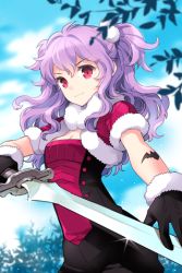 Rule 34 | 1girl, cropped jacket, gloves, hair ornament, long hair, lowres, markings, nardack, pink eyes, purple hair, short twintails, shorts, solo, sword, sword girls, twintails, two side up, weapon