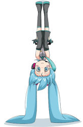 Rule 34 | 1girl, bad id, bad pixiv id, blue eyes, blue hair, blush stickers, boots, covering privates, covering crotch, detached sleeves, hatsune miku, headphones, long hair, matching hair/eyes, prehensile hair, solo, thighhighs, twintails, upside-down, vocaloid, yanagi takashi