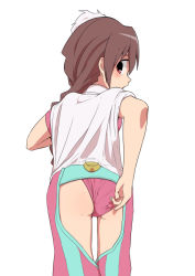 Rule 34 | 1girl, adjusting clothes, adjusting panties, ass, brown hair, chaps, female focus, from behind, looking back, magia record: mahou shoujo madoka magica gaiden, mahou shoujo madoka magica, mao himika, panties, ponytail, profile, salpin, simple background, solo, underwear, wedgie, white background
