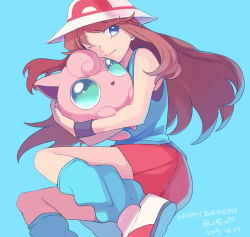 Rule 34 | 1girl, blue background, blue eyes, blue legwear, blue shirt, brown hair, closed mouth, commentary request, creatures (company), dated, eyelashes, game freak, gen 1 pokemon, green (pokemon), hat, heart, highres, holding, holding pokemon, jigglypuff, long hair, loose socks, nintendo, one eye closed, pleated skirt, pokemon, pokemon (creature), pokemon adventures, red skirt, shirt, shoes, skirt, sleeveless, sleeveless shirt, smile, socks, white footwear, white headwear, wristband, yui ko