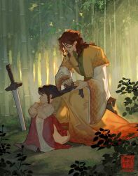Rule 34 | 1boy, 1girl, artist logo, artist name, bamboo, bamboo forest, black hair, brown hair, brushing hair, chinese clothes, chu tian, comb, commentary, crossed arms, cuts, dappled sunlight, daughter of a thousand faces, english commentary, forest, highres, injury, jian (weapon), long hair, long sleeves, nature, parted lips, planted, planted sword, planted weapon, profile, shen yuhua, sitting, sunlight, sword, velinxi, wavy hair, weapon, wide sleeves