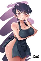 Rule 34 | 1girl, absurdres, apron, arm under breasts, artist request, black apron, blush, breasts, cleavage, full body, highres, komi-san wa komyushou desu, komi shuuko, large breasts, looking at viewer, medium hair, naked apron, non-web source, purple eyes, purple hair, shiny skin, smile, solo, source request, standing