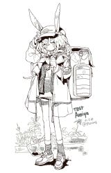 Rule 34 | 1girl, amiya (arknights), amiya (planter) (arknights), arknights, artist name, backpack, bag, baseball cap, dated, ears through headwear, flower, full body, greyscale, hand up, hat, highres, jacket, jaggy lines, long hair, looking at viewer, monochrome, official alternate costume, open clothes, open jacket, plant, shirt, shoes, socks, solo, standing, thigh strap, thurim6, twitter username