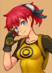 Rule 34 | 1girl, aiba ami, backpack, bag, blue eyes, breasts, digimon, digimon story: cyber sleuth, getter ichi, gloves, goggles, goggles on head, leaning to the side, looking at viewer, medium breasts, print shirt, raglan sleeves, red hair, shirt, side ponytail, skin tight, smile, t-shirt, upper body, yellow shirt