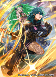 Rule 34 | 2girls, black gloves, blue eyes, blue hair, braid, byleth (female) (fire emblem), byleth (fire emblem), company name, copyright name, fire emblem, fire emblem: three houses, fire emblem cipher, gloves, green eyes, green hair, holding, holding sword, holding weapon, long hair, long sleeves, mayo (becky2006), multiple girls, nintendo, official art, open mouth, pantyhose, pointy ears, ribbon braid, sothis (fire emblem), sword, sword of the creator, tiara, twin braids, weapon