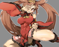 Rule 34 | 1girl, abs, bare shoulders, breasts, brown eyes, brown hair, china dress, chinese clothes, fighting stance, fingernails, full body, guilty gear, hair ornament, hairclip, high heel boots, kuradoberi jam, large breasts, long hair, matching hair/eyes, nail polish, pink nails, skirt, solo, teeth, toned, very long hair, wide sleeves, ysk!
