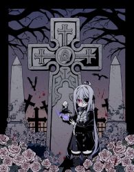 Rule 34 | 1girl, bad id, bad twitter id, bird, black thighhighs, blood, boots, crack, cross, eyepatch, fire, flower, flying, frills, graveyard, grey hair, hair between eyes, highres, holding, holding lantern, lantern, long hair, long sleeves, original, outdoors, parted lips, plant, purple fire, red eyes, rose, thigh boots, thighhighs, tombstone, tree, vines, white flower, white rose, yamanasi mikage