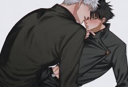 Rule 34 | 2boys, belt, black hair, black jacket, black pants, blue eyes, blush, buttons, closed mouth, clothes lift, commentary request, fushiguro megumi, fushirun rung, gojou satoru, grabbing another&#039;s chin, green eyes, hair between eyes, hand on another&#039;s chin, high collar, highres, jacket, jujutsu kaisen, long sleeves, looking at another, male focus, multiple boys, open mouth, pants, school uniform, short hair, smile, spiked hair, teeth, white hair, yaoi