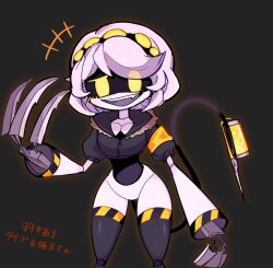 Rule 34 | 1girl, claws, coat, colored skin, evil grin, evil smile, female focus, glitch productions, grey skin, grin, highres, mecha girl, mechanical tail, murder drones, open mouth, robot girl, shiny skin, short hair, smile, tail, thighhighs, v (murder drones), weapon, yellow eyes